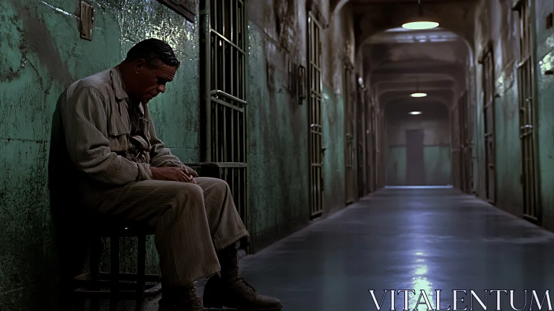 Man sits alone in dim, worn prison corridor with cell bars