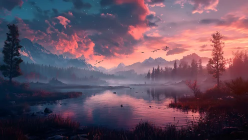 Digital painting of alpine lake at cinematic twilight horizon.