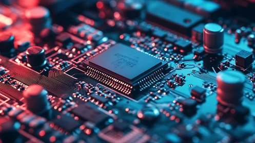 Neon-tinted circuits cradle a chip like a glowing city core