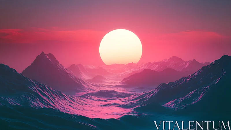 Neon sun over stylized mountains and misty valley.