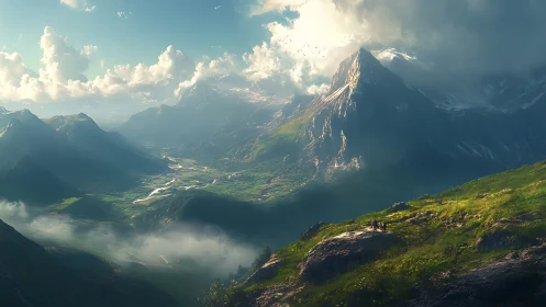 Sunlit valley unfurls beneath a towering emerald peak.