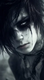 Monochrome gothic portrait with smeared kohl and hollow gaze.