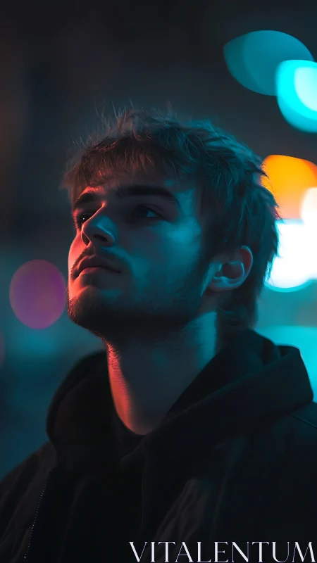 Young man in neon city lights with moody side profile.