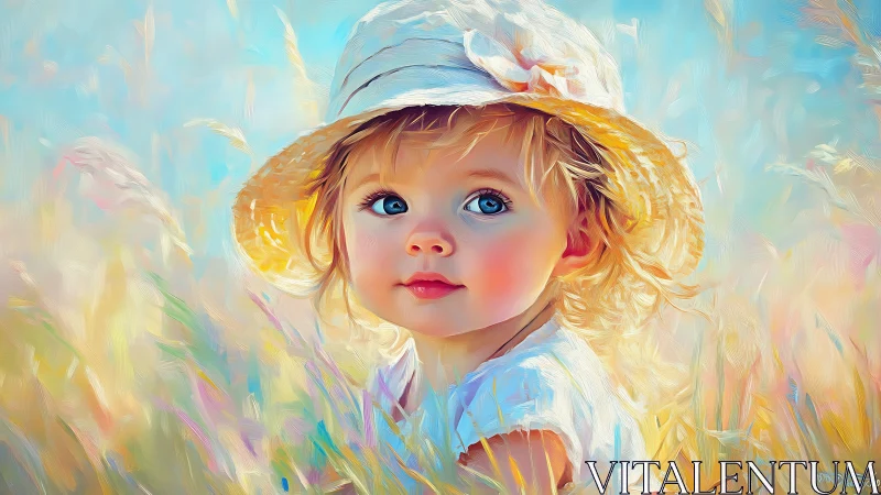 Golden-Haired Toddler in Summer Straw Hat and Blue Dress