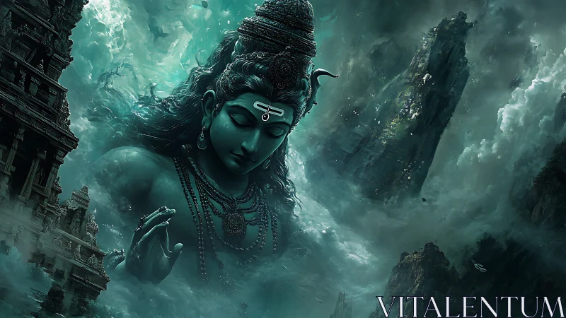 Divine Shiva emerges in swirling teal cosmic storm clouds
