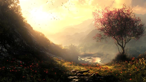 Sunlit valley path under a blushing tree of wandering dawn.