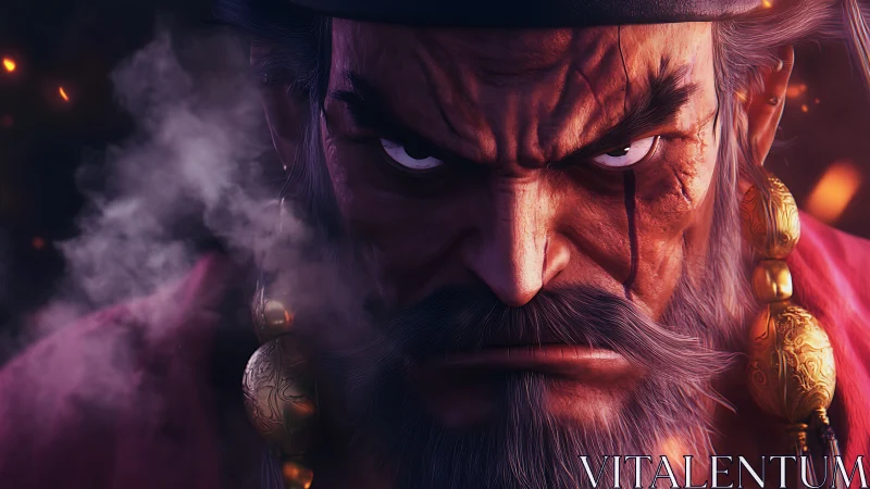 Storm-eyed warlord glowers through embers and battle smoke.