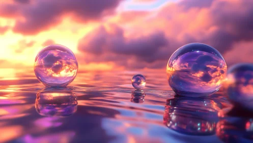 Luminous glass orbs drift over iridescent sunset water.