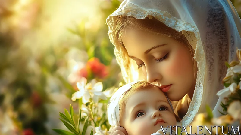 Gentle mother holding baby in soft golden garden light.