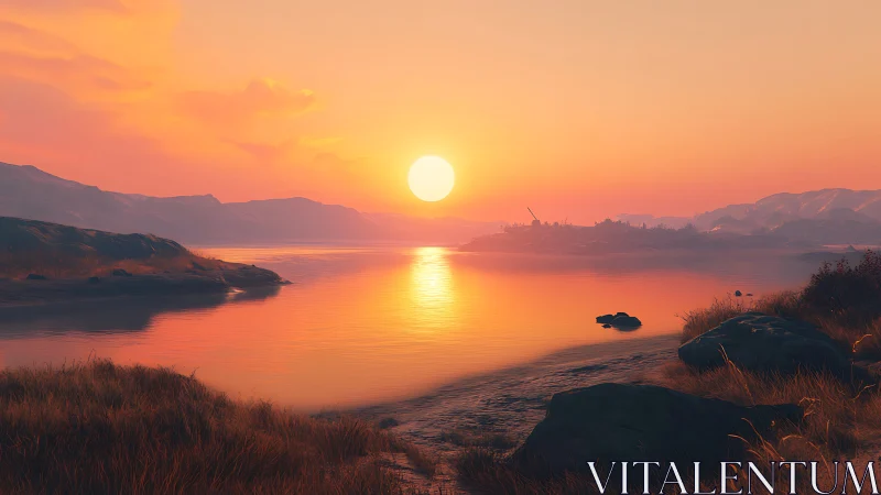 Sun sets over calm lake with distant hills and shoreline