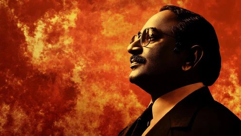 Photorealistic profile portrait against fiery textured backdrop.