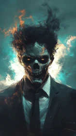 Flaming skeletal executive in teal inferno-lit portrait.