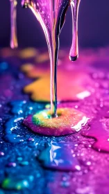 Vertical stream of neon liquid over wet gradient surface.