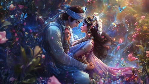 Celestial Romance: Two Souls Entwined in Luminescent Bloom.