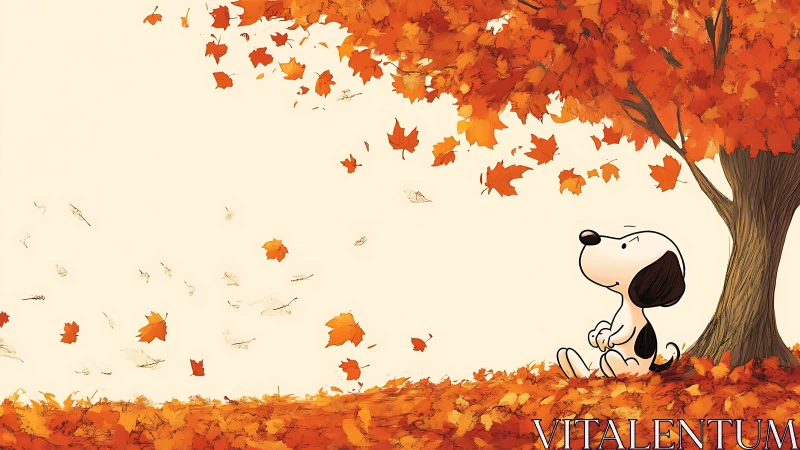 Cartoon beagle beneath swirling autumn leaves in repose.