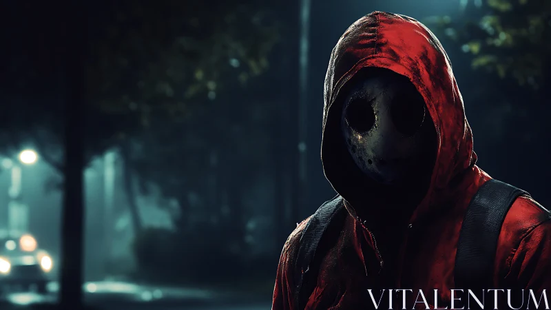 Masked figure in red hoodie stalks a foggy suburban street