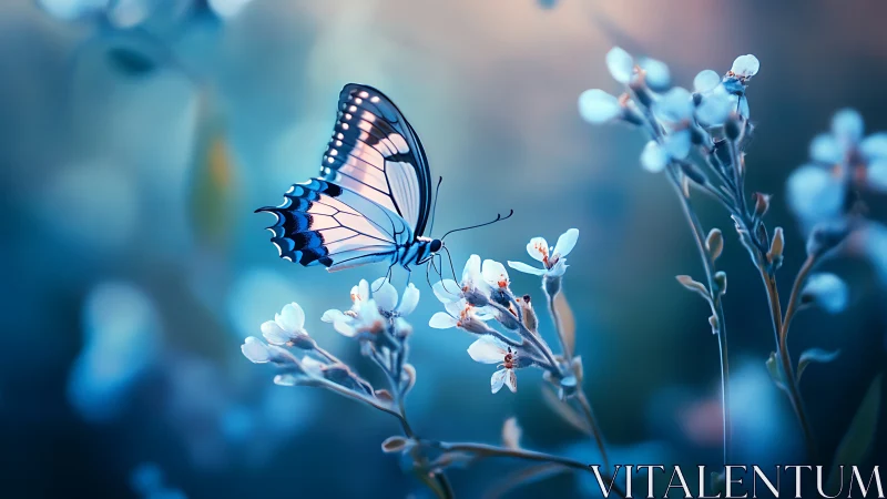 Moonlit butterfly drifts among dreamy sapphire blossoms.