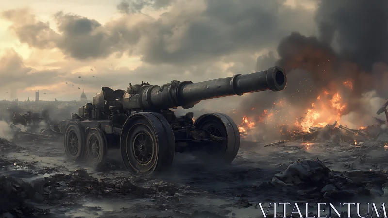 Heavy artillery cannon dominates a smoky war-torn battlefield.