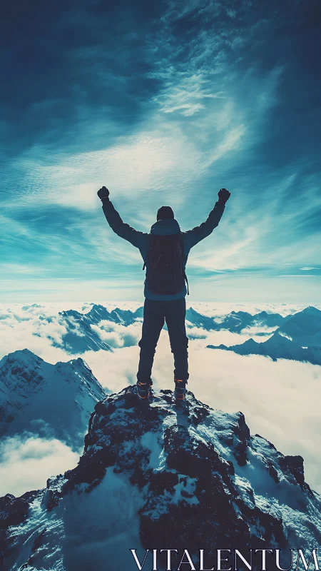 Solitary hiker standing on snowy mountain summit above clouds.