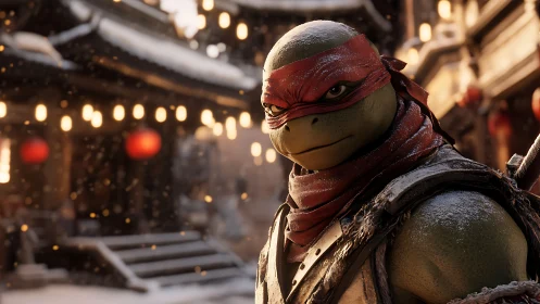 Snow-dusted humanoid turtle warrior in lantern-lit alleyway