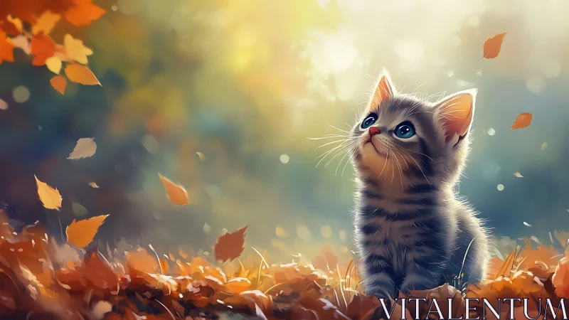 Juvenile feline rendered in dynamic bokeh environment with autumnal foliage and luminous atmospheric