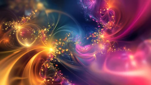 Colorful swirling nebula with abstract light trails.