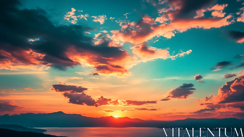 Vibrant cyan orange coastal sunset with stratocumulus clouds