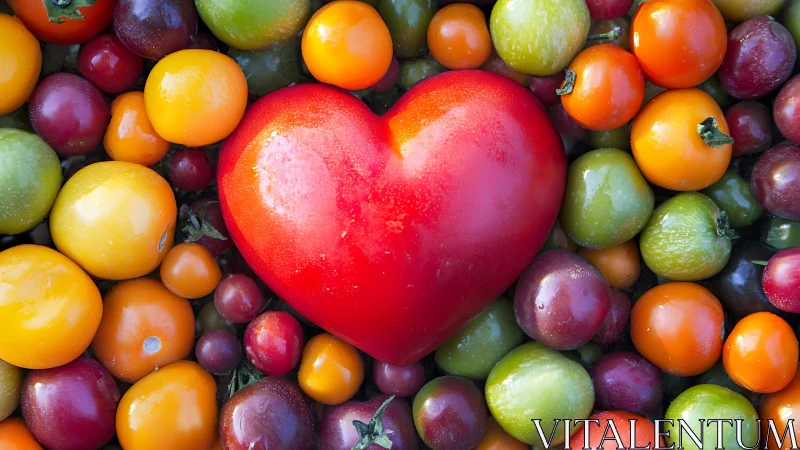 Heart-shaped tomato rests among colorful cherry tomatoes