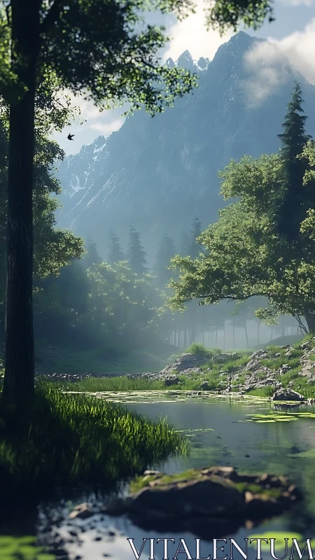 Mountain valley landscape with river, tall trees, and misty atmospheric conditions