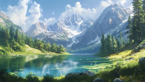 Sunlit alpine lake with snowcapped peaks and layered atmospheric depth