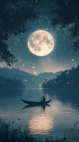 Silhouetted rowboat beneath oversized full moon on lake.
