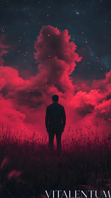 Silhouette observing red clouds under starry night sky.