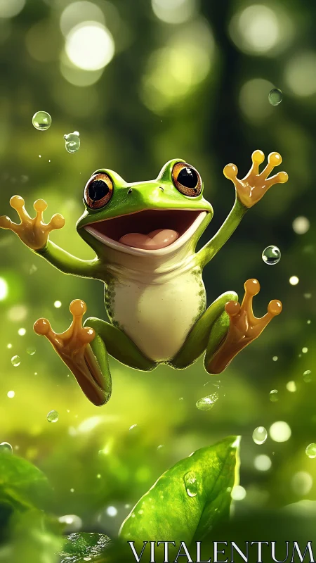 Joy-sparked tree frog leaping through sunlit forest droplets.