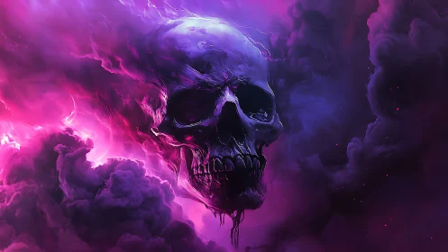Skull emerging from violet and magenta storm clouds.