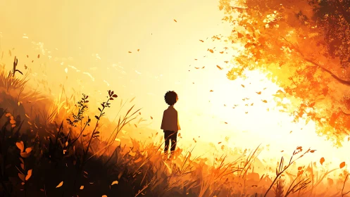 Solitary child gazes into a blazing golden autumn horizon