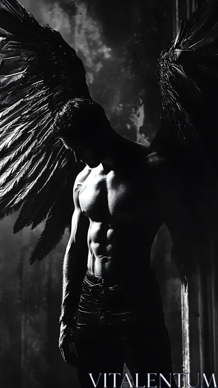 Monochrome winged figure in high contrast chiaroscuro light.
