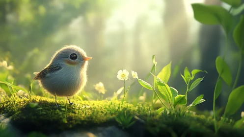 Fluffy forest fledgling greeting dawnlit mossy meadow.