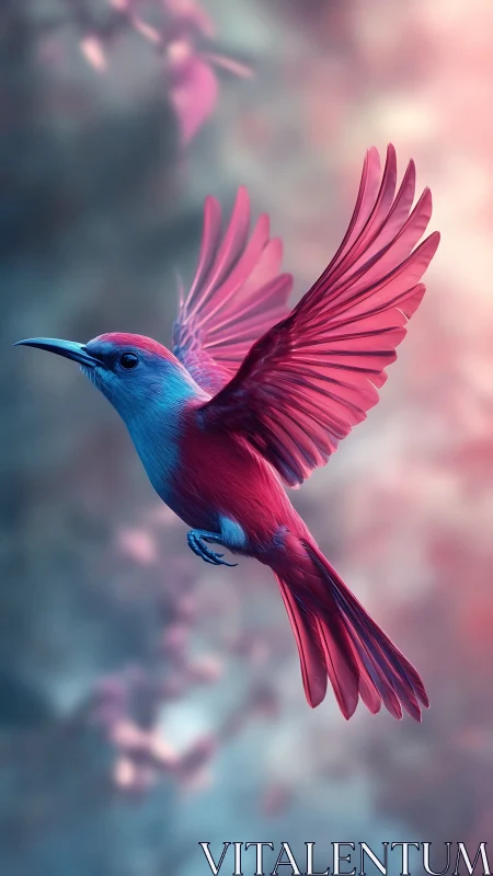 Iridescent magenta blue songbird rendered in soft bokeh flight