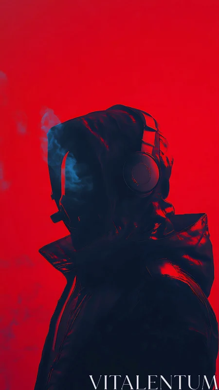 Hooded figure in headphones against uniform red field.
