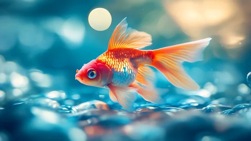 Vibrant goldfish glides through shimmering blue water.