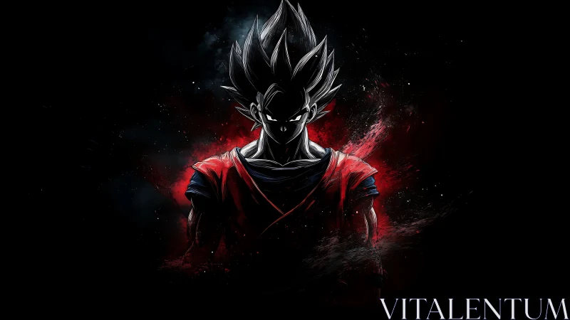 Shadowed anime warrior with red energy aura burst.