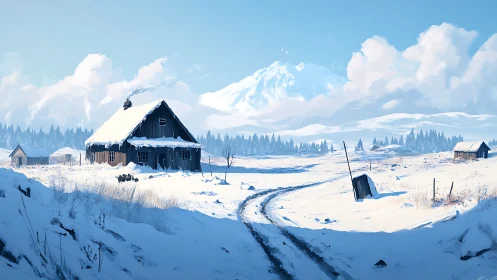 Snow covered rural homestead stands before distant mountain range