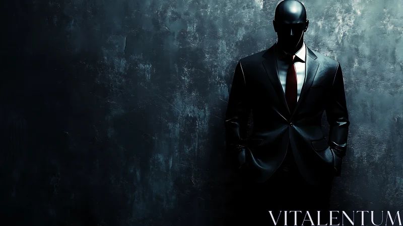 Shadowed figure in sleek suit against moody urban wall.