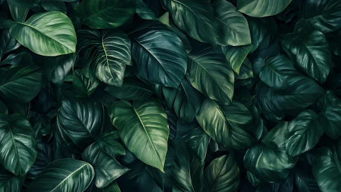 Dense tropical foliage with overlapping glossy green leaves