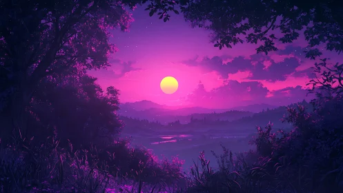 Neon moonrise over violet hills and dreaming forest valley.