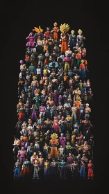 Vertical grid of stylized martial characters on black background.