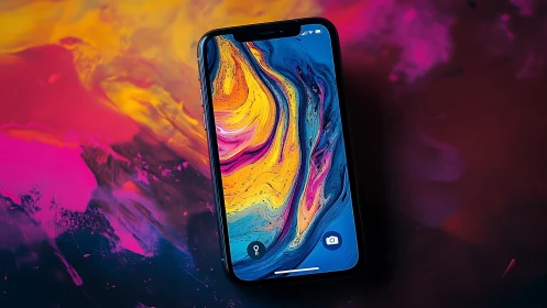 Smartphone display showcases vivid abstract fluid gradient art