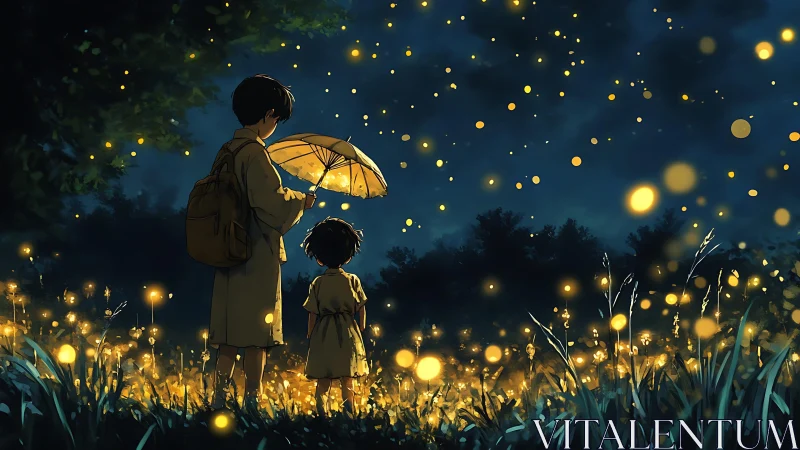 Gentle siblings share a glowing walk through firefly night