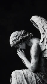 Side profile stone angel sculpture on dark background.