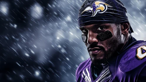 American football player in purple uniform under rainstorm.